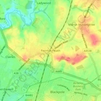 Fernhill Heath topographic map, elevation, terrain