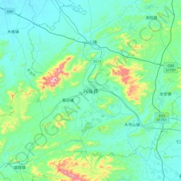 兴业县 topographic map, elevation, terrain