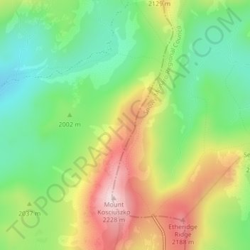 Snowy Mountains topographic map, elevation, terrain