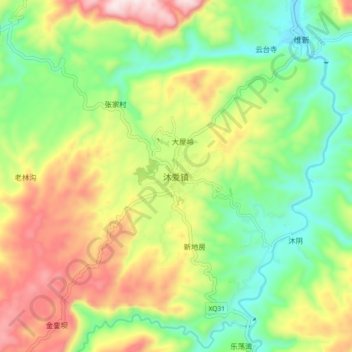 沐爱镇 topographic map, elevation, terrain