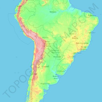 South America topographic map, elevation, terrain