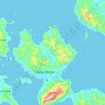 Bacan Island topographic map, elevation, terrain