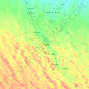 El Oued topographic map, elevation, terrain