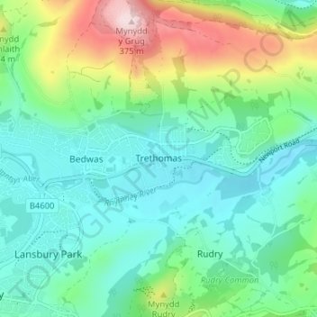 Trethomas topographic map, elevation, terrain