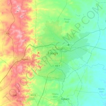 Enugu topographic map, elevation, terrain