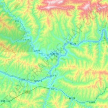 旬阳市 topographic map, elevation, terrain