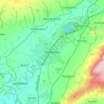 Clitheroe topographic map, elevation, terrain