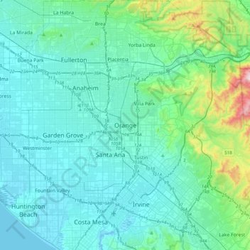 Orange topographic map, elevation, terrain