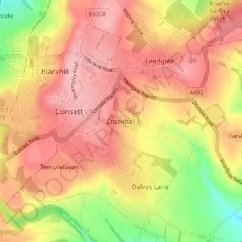 Crookhall topographic map, elevation, terrain