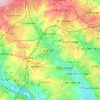 Cleckheaton topographic map, elevation, terrain