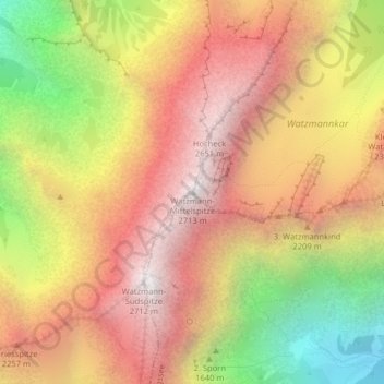 Watzmann-Mittelspitze topographic map, elevation, terrain