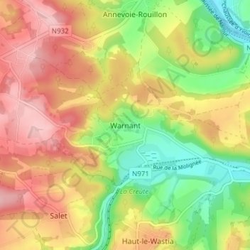 Warnant topographic map, elevation, terrain