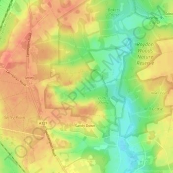 Roydon Common topographic map, elevation, terrain