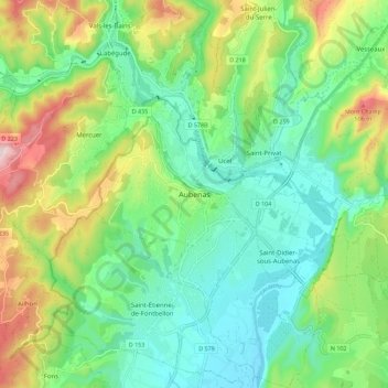 Aubenas topographic map, elevation, terrain