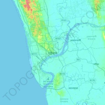 Chattogram topographic map, elevation, terrain