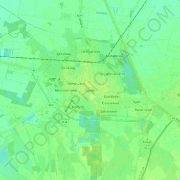 Gyula topographic map, elevation, terrain