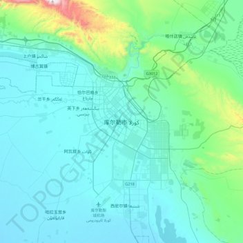 Korla topographic map, elevation, terrain