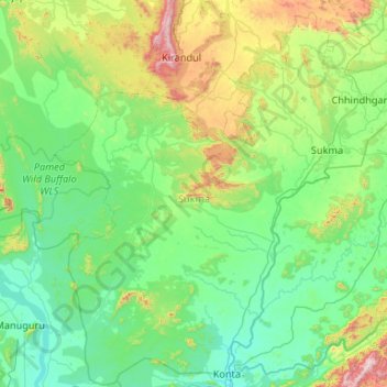 Sukma topographic map, elevation, terrain