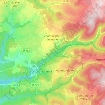 Champagnat-le-Jeune topographic map, elevation, terrain