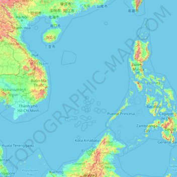 South China Sea topographic map, elevation, terrain