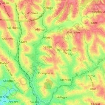 Asokwa Municipal District topographic map, elevation, terrain