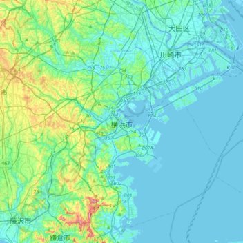 Yokohama topographic map, elevation, terrain
