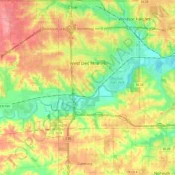 West Des Moines topographic map, elevation, terrain