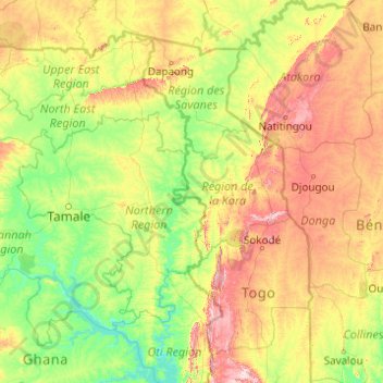 Oti River topographic map, elevation, terrain