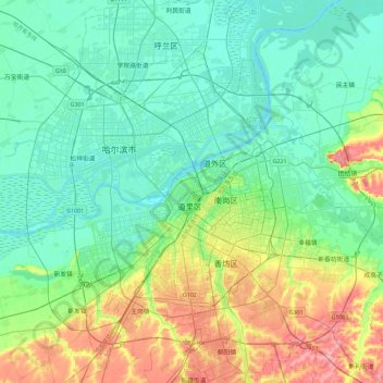 哈尔滨市 topographic map, elevation, terrain