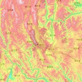 大理白族自治州 topographic map, elevation, terrain