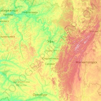 Башкортостан topographic map, elevation, terrain