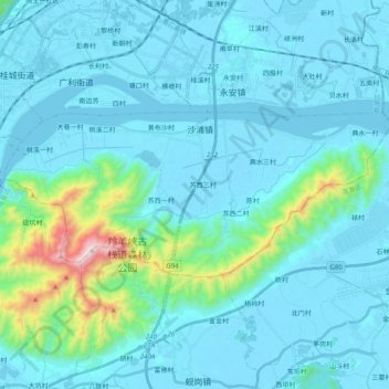 沙浦镇 topographic map, elevation, terrain