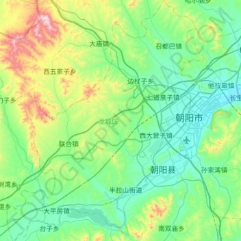 龙城区 topographic map, elevation, terrain