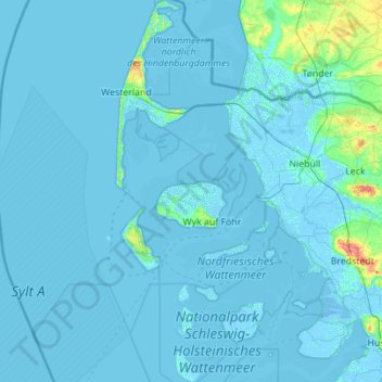 North Frisian Islands topographic map, elevation, terrain