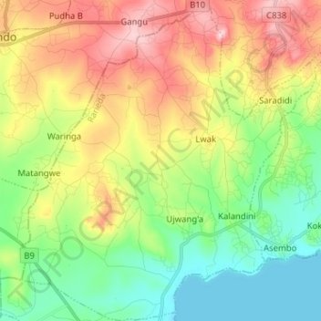West Asembo ward topographic map, elevation, terrain