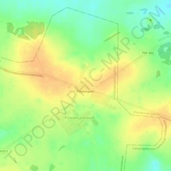 Романцево topographic map, elevation, terrain