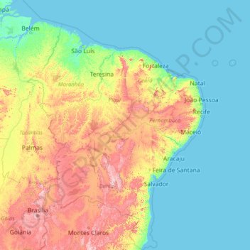 Região Nordeste topographic map, elevation, terrain
