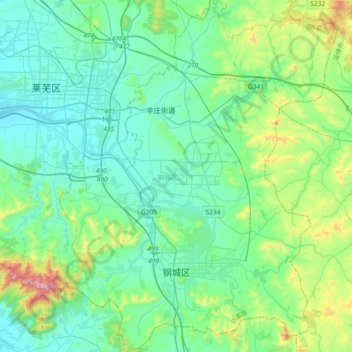 钢城区 topographic map, elevation, terrain