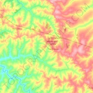 Monte Azul Paulista topographic map, elevation, terrain