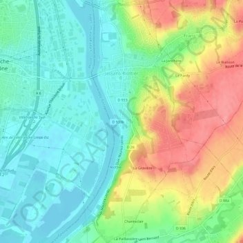 Jassans-Riottier topographic map, elevation, terrain