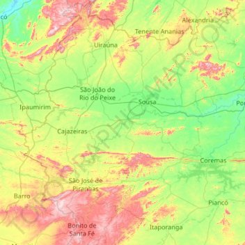 Região Geográfica Intermediária de Sousa-Cajazeiras topographic map, elevation, terrain