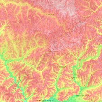 Udmurtien topographic map, elevation, terrain