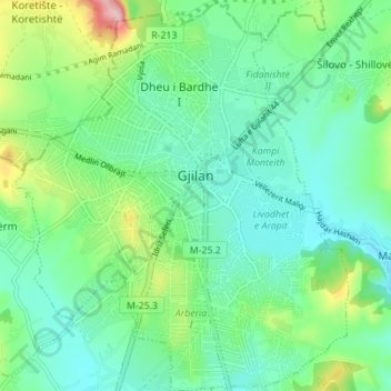 Gjilan topographic map, elevation, terrain