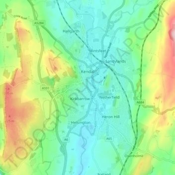 Kendal topographic map, elevation, terrain