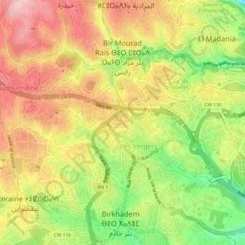 Bir Mourad Raïs topographic map, elevation, terrain