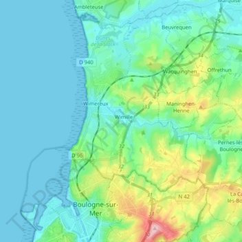 Boulogne-sur-Mer-1 topographic map, elevation, terrain