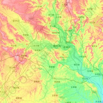 涪城区 topographic map, elevation, terrain