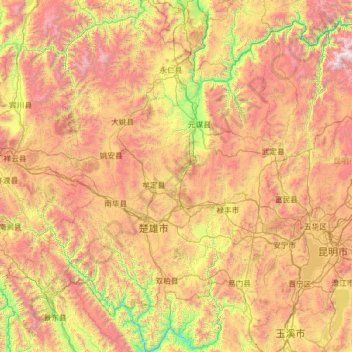 Chuxiong Yi Autonomous Prefecture topographic map, elevation, terrain