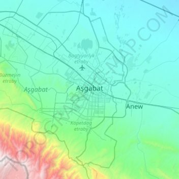 Ashgabat City topographic map, elevation, terrain