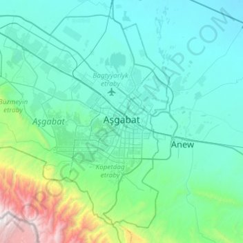 Ashgabat City topographic map, elevation, terrain